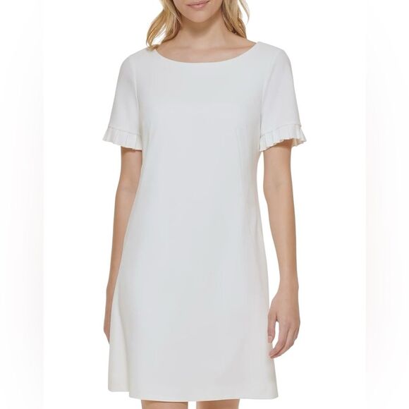 Tommy Hilfiger Scuba Crepe Sheath Dress Ruffle Sleeve Ivory White Petite 6P NWT - Picture 2 of 13